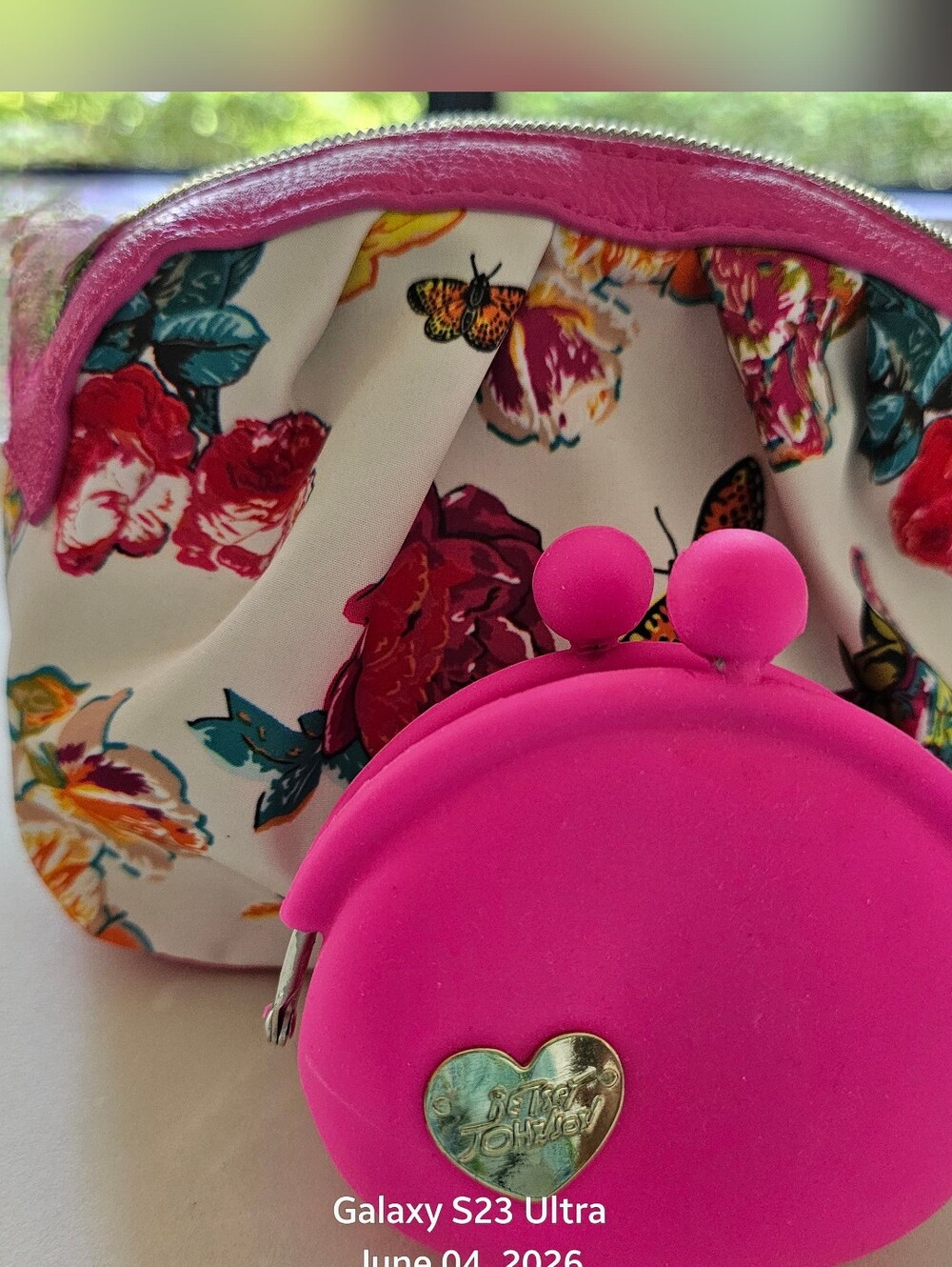 Betsey Johnson Floral Fabric & Pink  Faux Leather Cosmetic Bag & Pink Coin Purse